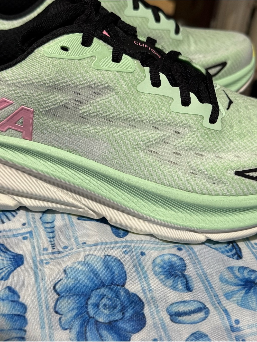 Hoka Clifton Women's Mint Green with Pink Accent Running Shoes